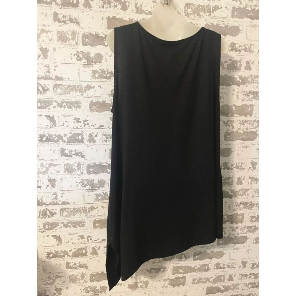 Eileen Fisher Black Asymmetrical Tunic Tank Top XL Minimalist Draped Hem